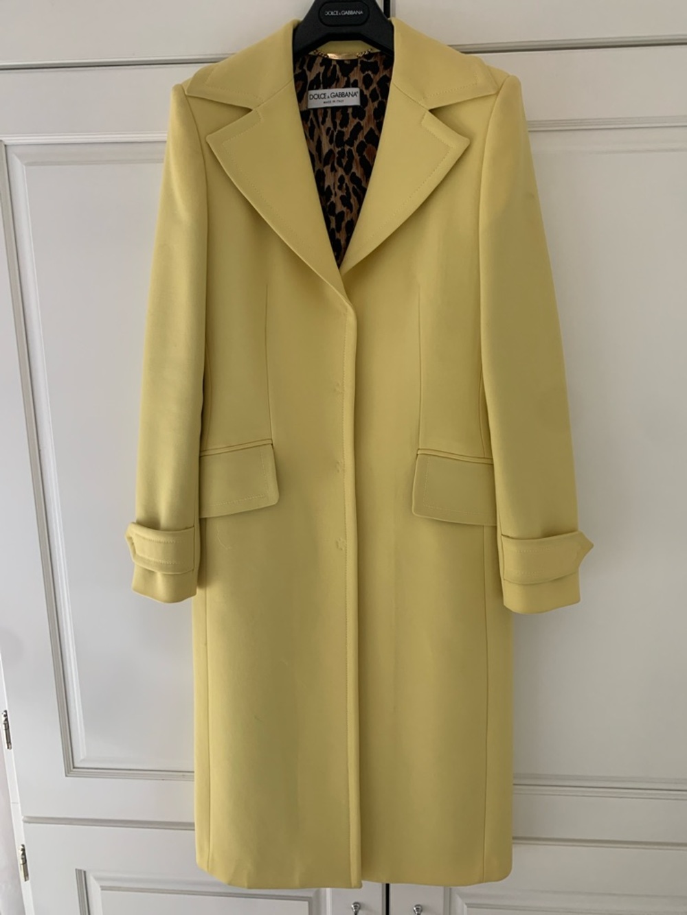 Dolce & Gabbana Lemon Yellow Long Trench Coat with Leopard Lining